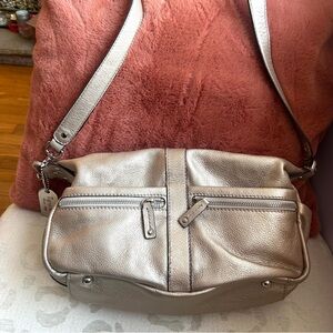 Tignanello Metallic Champagne Leather Crossbody/Shoulder Hobo Bag